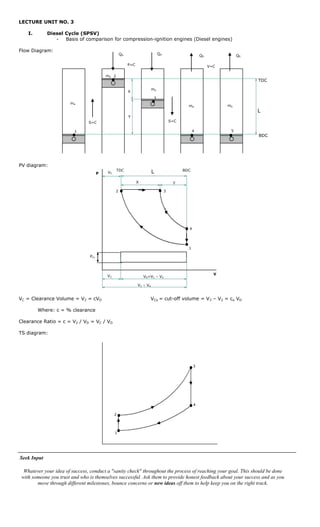 LECTURE UNIT NO. 3

    I.       Diesel Cycle (SPSV)
                -   Basis of comparison for compression-ignition engines (Diesel engines)

Flow Diagram:
                                                    QA                        QA                       QR              QR

                                                         P=C                                                V=C

                                         ma 2
                                                                                                                            TDC

                                                                         ma
                                                         X
                                                                          3
                       ma
                                                                                               ma                 ma
                                                                                                                            L
                                                         Y
                                S=C                                                    S=C

                         1                                                                         4               5
                                                                                                                            BDC




PV diagram:
                                                TDC                                          BDC
                                     P   VC                              L
                                                               X                        Y

                                                2                                  3




                                                                                               4




                                                                                               1

                                Pm



                                                                                                              V
                                         V2                        VD=V1 – V2

                                                               V1 – V4


VC = Clearance Volume = V2 = cVD                                      VCo = cut-off volume = V3 – V2 = co VD

         Where: c = % clearance

Clearance Ratio = c = V2 / VD = VC / VD

TS diagram:




                                                                                                   3




                                                                                                   4

                                              2




                                              1




Seek Input

  Whatever your idea of success, conduct a "sanity check" throughout the process of reaching your goal. This should be done
 with someone you trust and who is themselves successful. Ask them to provide honest feedback about your success and as you
        move through different milestones, bounce concerns or new ideas off them to help keep you on the right track.
 