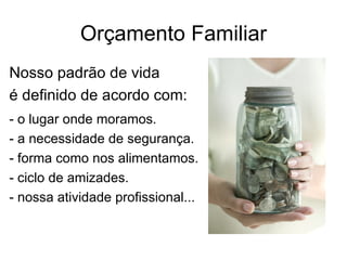 Orçamento Familiar
Nosso padrão de vida
é definido de acordo com:
- o lugar onde moramos.
- a necessidade de segurança.
- forma como nos alimentamos.
- ciclo de amizades.
- nossa atividade profissional...
 