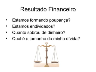 Resultado Financeiro
•   Estamos formando poupança?
•   Estamos endividados?
•   Quanto sobrou de dinheiro?
•   Qual é o tamanho da minha dívida?
 