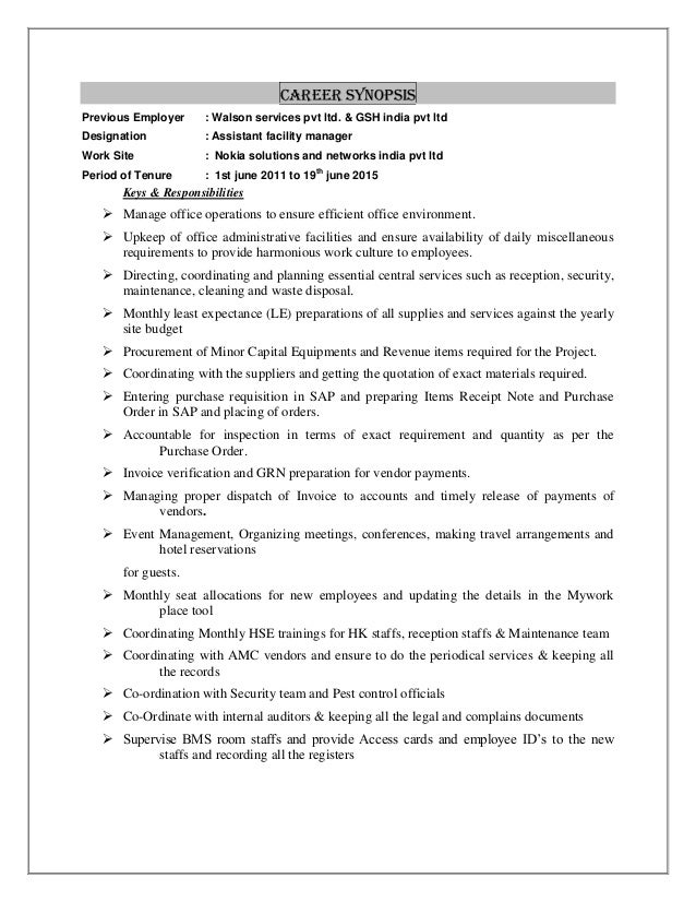 resume for facility manager
