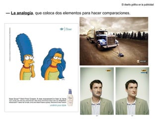 El diseño gráfico en la publicidad —  La analogía , que coloca dos elementos para hacer comparaciones. 