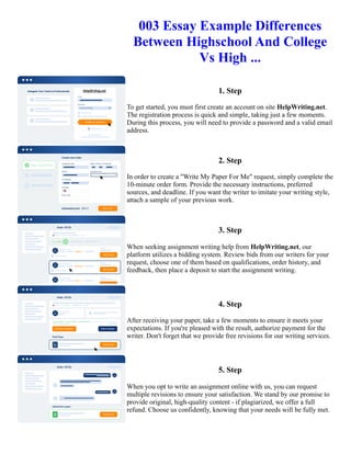 003 Essay Example Differences
Between Highschool And College
Vs High ...
1. Step
To get started, you must first create an account on site HelpWriting.net.
The registration process is quick and simple, taking just a few moments.
During this process, you will need to provide a password and a valid email
address.
2. Step
In order to create a "Write My Paper For Me" request, simply complete the
10-minute order form. Provide the necessary instructions, preferred
sources, and deadline. If you want the writer to imitate your writing style,
attach a sample of your previous work.
3. Step
When seeking assignment writing help from HelpWriting.net, our
platform utilizes a bidding system. Review bids from our writers for your
request, choose one of them based on qualifications, order history, and
feedback, then place a deposit to start the assignment writing.
4. Step
After receiving your paper, take a few moments to ensure it meets your
expectations. If you're pleased with the result, authorize payment for the
writer. Don't forget that we provide free revisions for our writing services.
5. Step
When you opt to write an assignment online with us, you can request
multiple revisions to ensure your satisfaction. We stand by our promise to
provide original, high-quality content - if plagiarized, we offer a full
refund. Choose us confidently, knowing that your needs will be fully met.
003 Essay Example Differences Between Highschool And College Vs High ... 003 Essay Example Differences
Between Highschool And College Vs High ...
 
