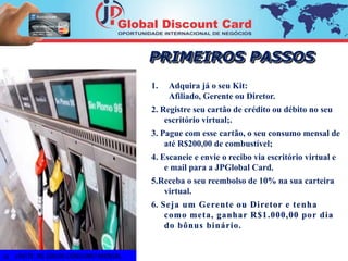 1. Adquira já o seu Kit: 
Afiliado, Gerente ou Diretor. 
2. Registre seu cartão de crédito ou débito no seu 
escritório virtual;. 
3. Pague com esse cartão, o seu consumo mensal de 
até R$200,00 de combustível; 
4. Escaneie e envie o recibo via escritório virtual e 
e mail para a JPGlobal Card. 
5.Receba o seu reembolso de 10% na sua carteira 
virtual. 
6. Seja um Gerente ou Diretor e tenha 
como meta, ganhar R$1.000,00 por dia 
do bônus binário. 
LIMITE: R$ 200,00 CONSUMO MENSAL 
PRIMEIROS PASSOS 
19 
 