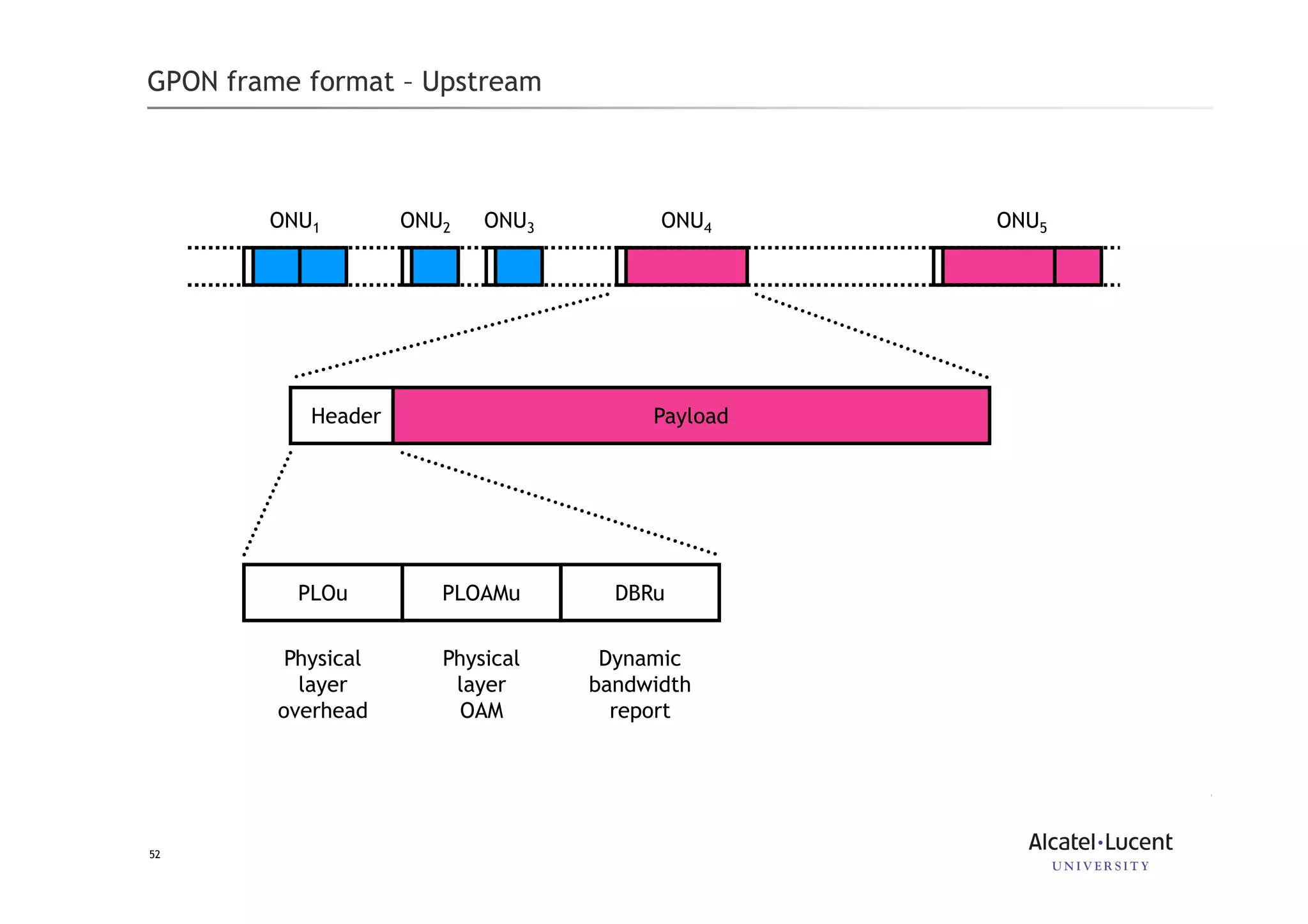 52
GPON frame format – Upstream
ONU1 ONU2 ONU3 ONU4 ONU5
Header Payload
PLOu PLOAMu DBRu
Physical
layer
overhead
Physical
layer
OAM
Dynamic
bandwidth
report
 