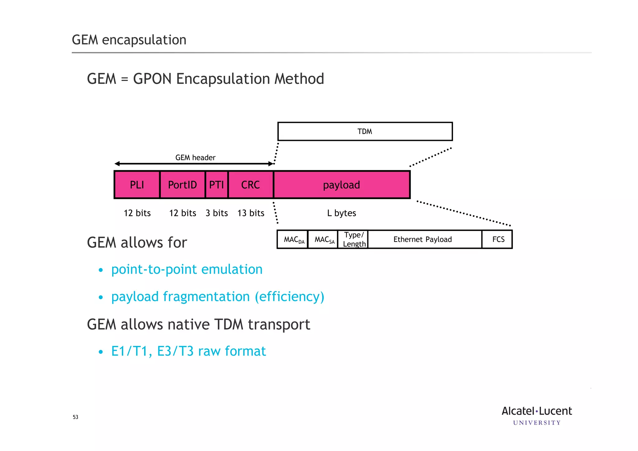 53
GEM = GPON Encapsulation Method
GEM allows for
• point-to-point emulation
• payload fragmentation (efficiency)
GEM allows native TDM transport
• E1/T1, E3/T3 raw format
12 bits 13 bits12 bits 3 bits
TDM
Ethernet PayloadMACDA MACSA
Type/
Length
FCS
GEM header
GEM encapsulation
payload
L bytes
payloadCRCPTIPortIDPLI
L bytes
 