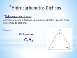 *
*Cicloalcanos ou ciclanos:
apresentam cadeia fechada com apenas simples ligações entre
os átomos de carbono.
Exemplo:
Ciclopropano:
C3H6
 