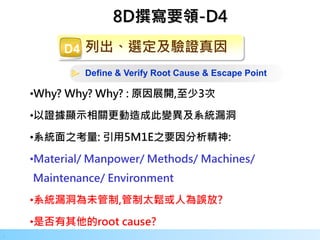 15
.
8D撰寫要領-D4
列出、選定及驗證真因D4
Define & Verify Root Cause & Escape Point
 