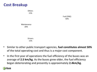 Cost Breakup
Fuel (CNG)
50%
Drivers
15%
Maintenance
20%
Others
15%
• Similar to other public transport agencies, fuel constitutes almost 50%
of the total operating cost and thus is a major cost component.
• In the first year of operations the fuel efficiency of the buses was an
average of 2.5 km/kg. As the buses grew older, the fuel efficiency
began deteriorating and presently is approximately 2.4km/kg.
 