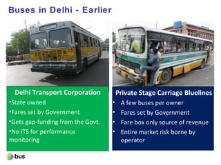 Delhi Transport Corporation
•State owned
•Fares set by Government
•Gets gap-funding from the Govt.
•No ITS for performance
monitoring
Private Stage Carriage Bluelines
• A few buses per owner
• Fares set by Government
• Fare box only source of revenue
• Entire market risk borne by
operator
Buses in Delhi - Earlier
 