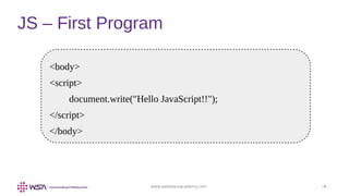 www.webstackacademy.com ‹#›
JS – First Program
<body>
<script>
document.write("Hello JavaScript!!");
</script>
</body>
 