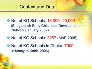 Context and Data
 No. of KG Schools: 18,000--20,000
(Bangladesh Early Childhood Development
Network-January 2007)
 No. of KG Schools: 2287 (MoE 2005)
 No. of KG Schools in Dhaka: 7000
(Humayun Kabir, 2006)
 
