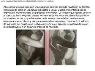 Al procesar esta película con una sustancia química llamada revelador, se forman partículas de plata en las zonas expuestas a la luz. Cuanto más intensa sea la exposición, mayor número de partículas se crearán. La imagen que resulta de este proceso se llama negativo porque los valores de los tonos del objeto fotografiado se invierten, es decir, que las zonas de la escena que estaban relativamente oscuras aparecen claras y las que estaban claras aparecen oscuras. Los valores de los tonos del negativo se vuelven a invertir en el proceso de positivado, o con las diapositivas en un segundo proceso de revelado. LA FOTOGRAFÍA: PRINCIPIOS FÍSICOS Y QUÍMICOS DEL PROCESO FOTOGRÁFICO 