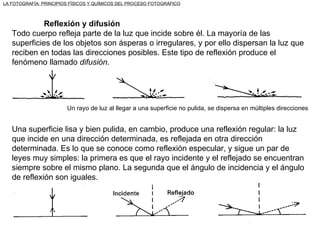Reflexión y difusión Todo cuerpo refleja parte de la luz que incide sobre él. La mayoría de las superficies de los objetos son ásperas o irregulares, y por ello dispersan la luz que reciben en todas las direcciones posibles. Este tipo de reflexión produce el fenómeno llamado  difusión . Un rayo de luz al llegar a una superficie no pulida, se dispersa en múltiples direcciones Una superficie lisa y bien pulida, en cambio, produce una reflexión regular: la luz que incide en una dirección determinada, es reflejada en otra dirección determinada. Es lo que se conoce como reflexión especular, y sigue un par de leyes muy simples: la primera es que el rayo incidente y el reflejado se encuentran siempre sobre el mismo plano. La segunda que el ángulo de incidencia y el ángulo de reflexión son iguales. LA FOTOGRAFÍA: PRINCIPIOS FÍSICOS Y QUÍMICOS DEL PROCESO FOTOGRÁFICO 