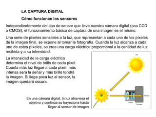 Cómo funcionan los sensores Independientemente del tipo de sensor que lleve nuestra cámara digital (sea CCD o CMOS), el funcionamiento básico de captura de una imagen es el mismo. Una serie de píxeles sensibles a la luz, que representan a cada uno de los píxeles de la imagen final, se expone al tomar la fotografía. Cuando la luz alcanza a cada uno de estos píxeles, se crea una carga eléctrica proporcional a la cantidad de luz recibida y a su intensidad. LA CAPTURA DIGITAL En una cámara digital, la luz atraviesa el objetivo y continúa su trayectoria hasta llegar al sensor de imagen La intensidad de la carga eléctrica determina el nivel de brillo de cada píxel. Cuanta más luz llegue a cada píxel, más intensa será la señal y más brillo tendrá la imagen. Si llega poca luz al sensor, la imagen quedará oscura. 