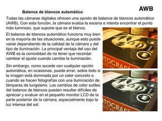 Balance de blancos automático Todas las cámaras digitales ofrecen una opción de balance de blancos automático (AWB). Con esta función, la cámara evalúa la escena e intenta encontrar el punto más luminoso, que supone que es el blanco. El balance de blancos automático funciona muy bien en la mayoría de las situaciones, aunque esto puede variar dependiendo de la calidad de la cámara y del tipo de iluminación. La principal ventaja del uso del AWB es la comodidad de no tener que recordar cambiar el ajuste cuando cambie la iluminación. Sin embargo, como sucede con cualquier opción automática, en ocasiones, puede errar, sobre todo si la imagen está dominada por un color concreto o cuando se hacen fotografías con una iluminación de lámparas de tungsteno. Los cambios de color sutiles del balance de blancos pueden resultar difíciles de apreciar y evaluar en el pequeño monitor LCD de la parte posterior de la cámara, especialmente bajo la luz intensa del sol. 