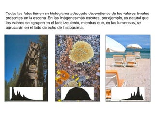 Todas las fotos tienen un histograma adecuado dependiendo de los valores tonales presentes en la escena. En las imágenes más oscuras, por ejemplo, es natural que los valores se agrupen en el lado izquierdo, mientras que, en las luminosas, se agruparán en el lado derecho del histograma. 