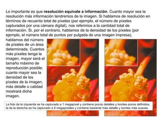 Lo importante es que  resolución equivale a información . Cuanto mayor sea la resolución más información tendremos de la imagen. Si hablamos de resolución en términos de recuento total de píxeles (por ejemplo, el número de píxeles capturados por una cámara digital), nos referimos a la cantidad total de información. Si, por el contrario, hablamos de la densidad de los píxeles (por ejemplo, el número total de puntos por pulgada de una imagen impresa),  hablamos del número de píxeles de un área determinada. Cuantos más píxeles tenga la imagen, mayor será el tamaño máximo de reproducción posible; cuanto mayor sea la densidad de los píxeles de la imagen, más detalle o calidad mostrará dicha imagen. La foto de la izquierda se ha capturado a 1 megapíxel y contiene pocos detalles y bordes pocos definidos; la de la derecha se ha capturado a 6 megapíxeles y contiene bastante más detalle y bordes más suaves. 