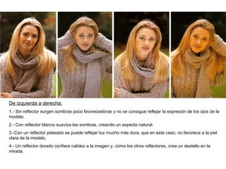 De izquierda a derecha: 1.- Sin reflector surgen sombras poco favorecedoras y no se consigue reflejar la expresión de los ojos de la modelo. 2.- Con reflector blanco suaviza las sombras, creando un aspecto natural. 3.-Con un reflector plateado se puede reflejar luz mucho más dura, que en este caso, no favorece a la piel clara de la modelo. 4.- Un reflector dorado confiere calidez a la imagen y, como los otros reflectores, crea un destello en la mirada. 