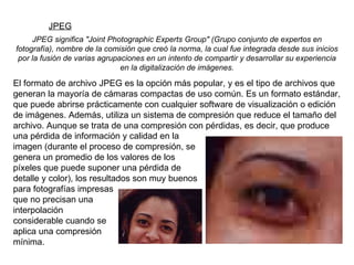 JPEG JPEG significa "Joint Photographic Experts Group" (Grupo conjunto de expertos en fotografía), nombre de la comisión que creó la norma, la cual fue integrada desde sus inicios por la fusión de varias agrupaciones en un intento de compartir y desarrollar su experiencia en la digitalización de imágenes. El formato de archivo JPEG es la opción más popular, y es el tipo de archivos que generan la mayoría de cámaras compactas de uso común. Es un formato estándar, que puede abrirse prácticamente con cualquier software de visualización o edición de imágenes. Además, utiliza un sistema de compresión que reduce el tamaño del archivo. Aunque se trata de una compresión con pérdidas, es decir, que produce una pérdida de información y calidad en la imagen (durante el proceso de compresión, se genera un promedio de los valores de los píxeles que puede suponer una pérdida de detalle y color), los resultados son muy buenos para fotografías impresas que no precisan una interpolación considerable cuando se aplica una compresión mínima. 