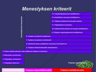 Menestyksen kriteerit 
4. Valitun teollisuudenalan sekä vallitsevan kilpailun arvioiminen Kumulatiivinen kassavirta 
3. Resurssien arvioiminen 
2. Yritysidean arvioiminen 
8. Tuotteen tai palvelut tuottaminen 
7. Tuotteen tai palvelun markkinointi 
14. Tuotekehitystoiminnan kehittäminen 
13. Inhimillisten resurssien kehittäminen 
12. Yrityksen johtaminen kasvuperusteiesti 
11. Yrityskulttuurin luominen 
10. Liiketoimintaa tukevien prosessien kehittäminen 
9. Yrityksen organisaatiomallin kehittäminen 
6. Liiketoiminnassa vaadittavien resurssien hommaaminen 
5. Yrityksen liiketoimintamallin rakentaminen 
1. Yritysidean etsiminen Yrityksen kehittyminen 
Tiedon hankkiminen Yrityksen käynnistämisvaihe Yrityksen kehittämisvaihe 
 