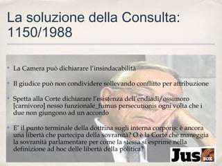 La soluzione della Consulta:
1150/1988
✤

La Camera può dichiarare l’insindacabilità

✤

Il giudice può non condividere sollevando conflitto per attribuzione

✤

Spetta alla Corte dichiarare l’esistenza dell’endiadi/ossimoro
[carnivoro] nesso funzionale_fumus persecutionis ogni volta che i
due non giungono ad un accordo

✤

E’ il punto terminale della dottrina sugli interna corporis: è ancora
una libertà che partecipa della sovranità? O è la Corte che maneggia
la sovranità parlamentare per come la stessa si esprime nella
definizione ad hoc delle libertà della politica?

 