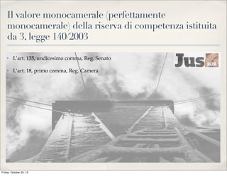 Il valore monocamerale (perfettamente
monocamerale) della riserva di competenza istituita
da 3, legge 140/2003
✤

L’art. 135, undicesimo comma, Reg. Senato

✤

L’art. 18, primo comma, Reg. Camera

Friday, October 25, 13

 
