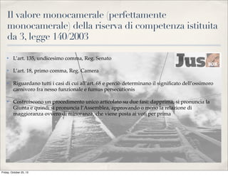 Il valore monocamerale (perfettamente
monocamerale) della riserva di competenza istituita
da 3, legge 140/2003
✤

L’art. 135, undicesimo comma, Reg. Senato

✤

L’art. 18, primo comma, Reg. Camera

✤

Riguardano tutti i casi di cui all’art. 68 e perciò determinano il signiﬁcato dell’ossimoro
carnivoro fra nesso funzionale e fumus persecutionis

✤

Costruiscono un procedimento unico articolato su due fasi: dapprima, si pronuncia la
Giunta e quindi si pronuncia l’Assemblea, approvando o meno la relazione di
maggioranza ovvero di minoranza, che viene posta ai voti per prima

Friday, October 25, 13

 