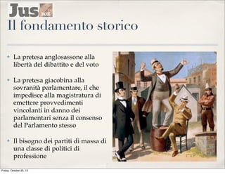 Il fondamento storico
✤

La pretesa anglosassone alla
libertà del dibattito e del voto

✤

La pretesa giacobina alla
sovranità parlamentare, il che
impedisce alla magistratura di
emettere provvedimenti
vincolanti in danno dei
parlamentari senza il consenso
del Parlamento stesso

✤

Il bisogno dei partiti di massa di
una classe di politici di
professione

Friday, October 25, 13

 
