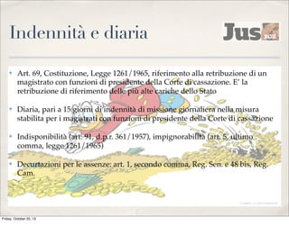 Indennità e diaria
✤

Art. 69, Costituzione, Legge 1261/1965, riferimento alla retribuzione di un
magistrato con funzioni di presidente della Corte di cassazione. E’ la
retribuzione di riferimento delle più alte cariche dello Stato

✤

Diaria, pari a 15 giorni di indennità di missione giornaliera nella misura
stabilita per i magistrati con funzioni di presidente della Corte di cassazione

✤

Indisponibilità (art. 91, d.p.r. 361/1957), impignorabilità (art. 5, ultimo
comma, legge 1261/1965)

✤

Decurtazioni per le assenze: art. 1, secondo comma, Reg. Sen. e 48 bis, Reg.
Cam.

Friday, October 25, 13

 