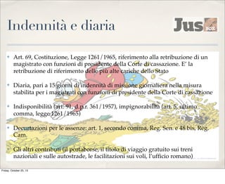 Indennità e diaria
✤

Art. 69, Costituzione, Legge 1261/1965, riferimento alla retribuzione di un
magistrato con funzioni di presidente della Corte di cassazione. E’ la
retribuzione di riferimento delle più alte cariche dello Stato

✤

Diaria, pari a 15 giorni di indennità di missione giornaliera nella misura
stabilita per i magistrati con funzioni di presidente della Corte di cassazione

✤

Indisponibilità (art. 91, d.p.r. 361/1957), impignorabilità (art. 5, ultimo
comma, legge 1261/1965)

✤

Decurtazioni per le assenze: art. 1, secondo comma, Reg. Sen. e 48 bis, Reg.
Cam.

✤

Gli altri contributi (il portaborse, il titolo di viaggio gratuito sui treni
nazionali e sulle autostrade, le facilitazioni sui voli, l’ufﬁcio romano)

Friday, October 25, 13

 