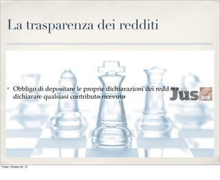 La trasparenza dei redditi

✤

Obbligo di depositare le proprie dichiarazioni dei redditi e di
dichiarare qualsiasi contributo ricevuto

Friday, October 25, 13

 