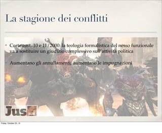 La stagione dei conflitti
✤

Corte cost. 10 e 11/2000: la teologia formalistica del nesso funzionale
va a sostituire un giudizio complessivo sull’attività politica

✤

Aumentano gli annullamenti, aumentano le impugnazioni

Friday, October 25, 13

 