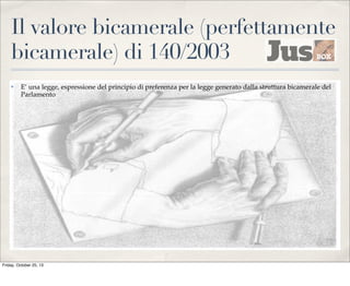 Il valore bicamerale (perfettamente
bicamerale) di 140/2003
✤

E’ una legge, espressione del principio di preferenza per la legge generato dalla struttura bicamerale del
Parlamento

Friday, October 25, 13

 