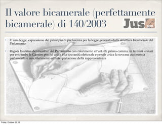 Il valore bicamerale (perfettamente
bicamerale) di 140/2003
✤

E’ una legge, espressione del principio di preferenza per la legge generato dalla struttura bicamerale del
Parlamento

✤

Regola lo status del membro del Parlamento con riferimento all’art. 68, primo comma, in termini unitari
per entrambe le Camere perché unica è la sovranità elettorale e perciò unica la sovrana autonomia
parlamentare con riferimento all’interpretazione della rappresentanza

Friday, October 25, 13

 