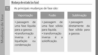 Vaporização
• passagem de
uma fase líquida
para a gasosa.
•transformação
inversa é a
liquefação ou
condensação
Fusão
• passagem de
uma fase sólida
para líquida.
• transformação
inversa é a
solidificação.
Sublimação
• passagem
diretamente da
fase sólida para
a gasosa.
As principais mudanças de fase são:
 