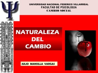 UNIVERSIDAD NACIONAL FEDERICO VILLARREAL
             FACULTAD DE PSICOLOGIA
                CAMBIO SOCIAL




NATURALEZA
   DEL
  CAMBIO

 JULIO MANSILLA VARGAS
                                                1
 