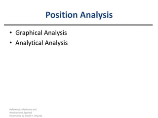 Position Analysis Graphical AnalysisAnalytical AnalysisReference: Machines and Mechanisms Applied Kinematics by David H. Myszka