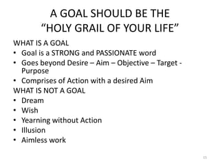 A GOAL SHOULD BE THE
“HOLY GRAIL OF YOUR LIFE”
WHAT IS A GOAL
• Goal is a STRONG and PASSIONATE word
• Goes beyond Desire – Aim – Objective – Target -
Purpose
• Comprises of Action with a desired Aim
WHAT IS NOT A GOAL
• Dream
• Wish
• Yearning without Action
• Illusion
• Aimless work
15
 