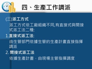 四、生產工作調派
(三)派工方式
派工方式依工廠組織不同,有直接式與間接
式派工法二種:
1.直接式派工法:
由生管部門依據生管的生產計畫直接指揮
調派
2. 間接式派工法
依據生產計畫，由現場主管指揮調度
 