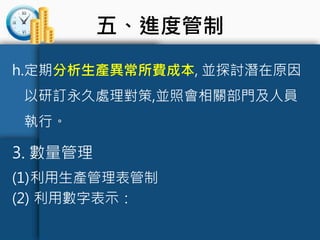 五、進度管制
h.定期分析生產異常所費成本, 並探討潛在原因
以研訂永久處理對策,並照會相關部門及人員
執行。
3. 數量管理
(1)利用生產管理表管制
(2) 利用數字表示：
 