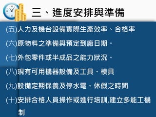 三、進度安排與準備
(五)人力及機台設備實際生產效率、合格率
(六)原物料之準備與預定到廠日期。
(七)外包零件或半成品之能力狀況。
(八)現有可用機器設備及工具、模具
(九)設備定期保養及停水電、休假之時間
(十)安排合格人員操作或進行培訓,建立多能工機
制
 