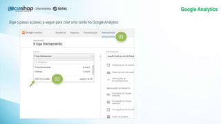 Google Analytics
Siga o passo a passo a seguir para criar uma conta no Google Analytics:
01
02
 