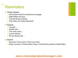 www.relaxedprojectmanager.com
+
Negotiable and not negotiable
 Negotiable
 Consult
 Involve
 Collaborate
 Empower
 Non Negotiable
 Manipulate
 Sell
 Advise
 Inform
 