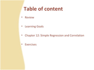 Table of content Review Learning Goals Chapter 12: Simple Regression and Correlation Exercises 