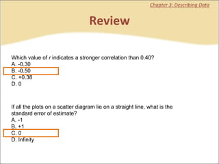 Review Chapter 3: Describing Data Which value of  r  indicates a stronger correlation than 0.40?  A. -0.30 B. -0.50 C. +0.38 D. 0 If all the plots on a scatter diagram lie on a straight line, what is the standard error of estimate?  A. -1 B. +1 C. 0 D. Infinity 