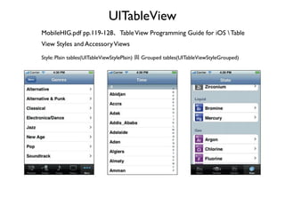 UITableView
MobileHIG.pdf pp.119-128、Table View Programming Guide for iOS  Table
View Styles and Accessory Views

Style: P...