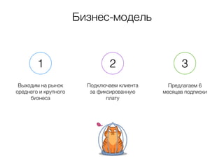 Бизнес-модель 
1 2 3 
Выходим на рынок 
среднего и крупного 
бизнеса 
Подключаем клиента 
за фиксированную 
плату 
Предлагаем 6 
месяцев подписки 
 