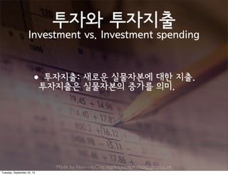Made by Nam-un,Cho. mailto:namun.cho@gmail.com
투자와 투자지출
Investment vs. Investment spending
•투자지출: 새로운 실물자본에 대한 지출.
투자지출은 실물자본의 증가를 의미.
Tuesday, September 22, 15
 