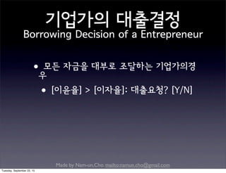 Made by Nam-un,Cho. mailto:namun.cho@gmail.com
기업가의 대출결정
Borrowing Decision of a Entrepreneur
•모든 자금을 대부로 조달하는 기업가의경
우
•[이윤율] > [이자율]: 대출요청? [Y/N]
Tuesday, September 22, 15
 