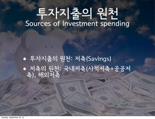 Made by Nam-un,Cho. mailto:namun.cho@gmail.com
투자지출의 원천
Sources of Investment spending
•투자지출의 원천: 저축(Savings)
•저축의 원천: 국내저축(사적저축+공공저
축), 해외저축
Tuesday, September 22, 15
 